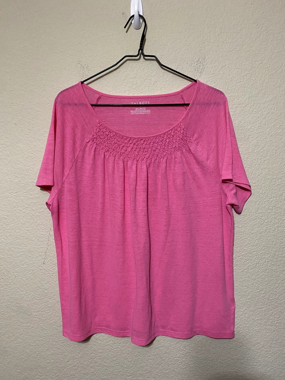 Talbots Shirt Large Pink Short-Sleeve T-Shirt Tee Linen-Blend Smocked Oversized